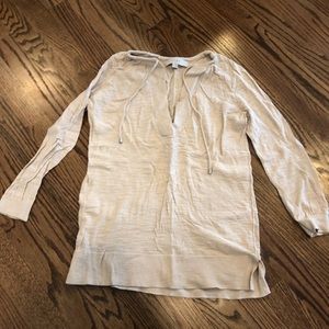 LOFT Tan Light Cotton Split Neck Pullover Sweater